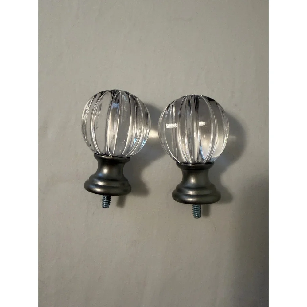 Set of 2 Clear Fluted Plastic Curtain Rod Finials Ribbed Sphere Silver Base